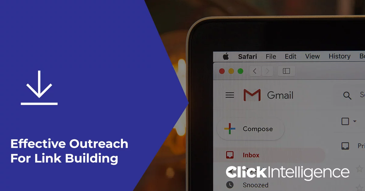 A blue section with the text "Effective Outreach For Link Building." There is a laptop screen displaying a Gmail inbox.
