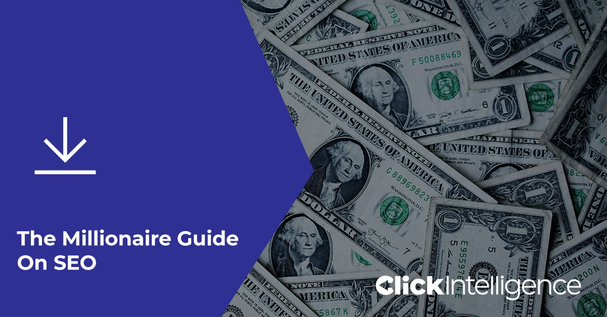 A blue section and the text "The Millionaire Guide On SEO." The right side is filled with scattered U.S. one-dollar bills.
