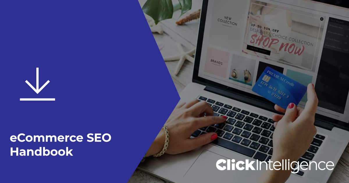 A blue section and the text "eCommerce SEO Handbook." The image shows a person using a laptop to shop online.