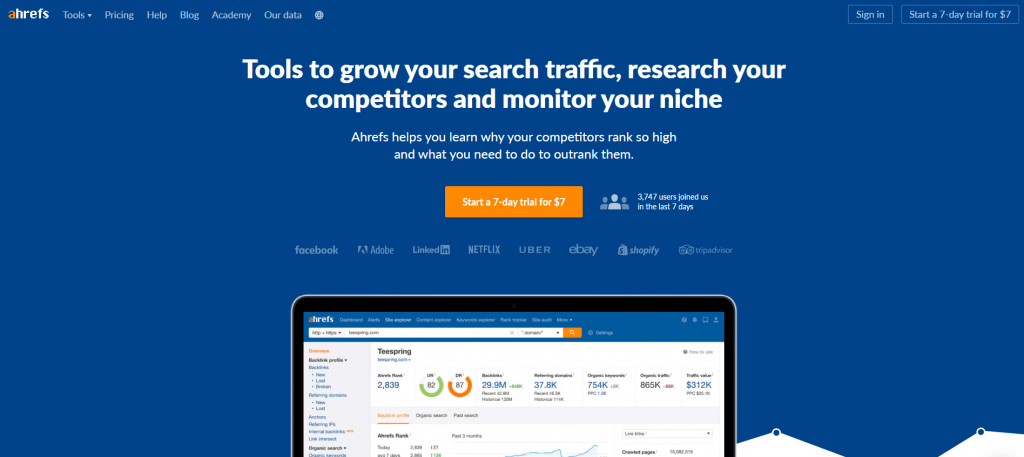 screenshot of ahrefs homepage