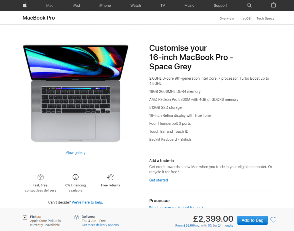 screenshot of apple macbook pro product page