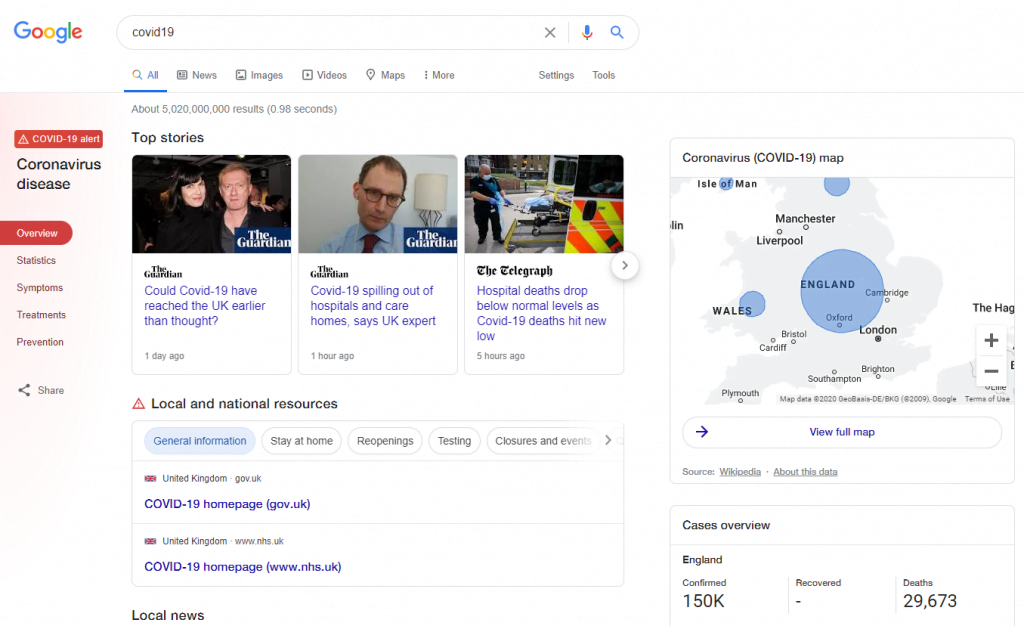 screenshot of covid19 google search