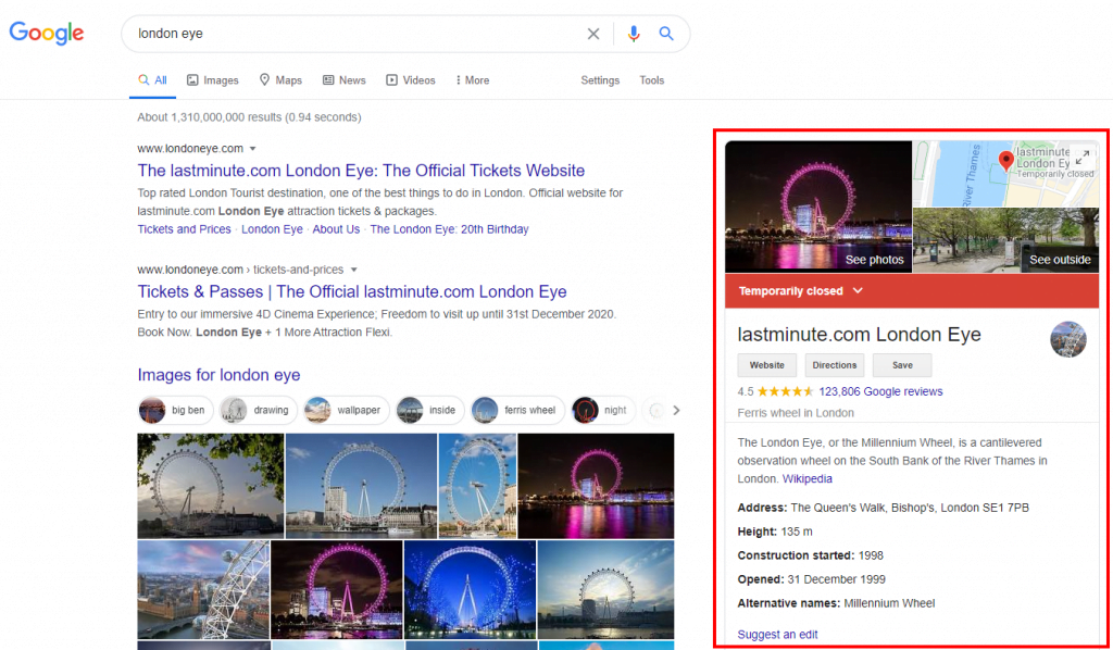 screenshot of london eye google knowledge graph