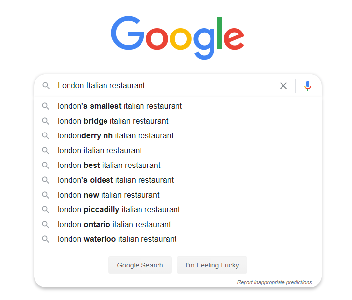 google local london italian restaurant keywords example