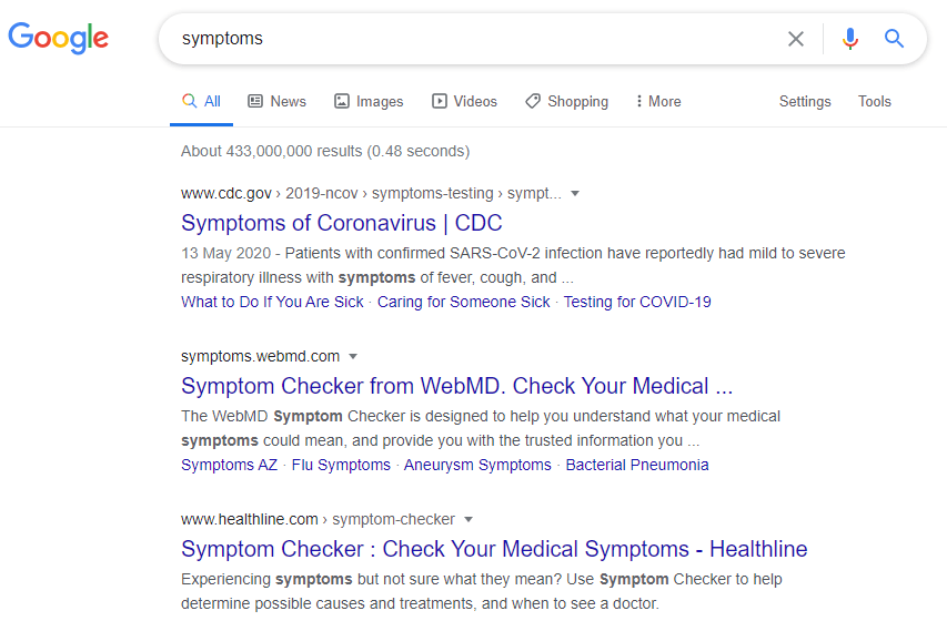 screenshot of symptoms search in google