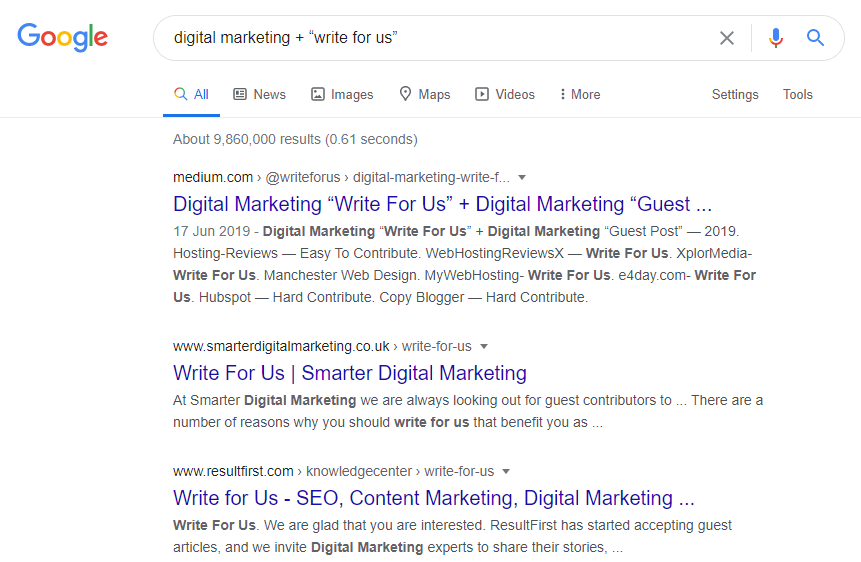 guest blogging google search example