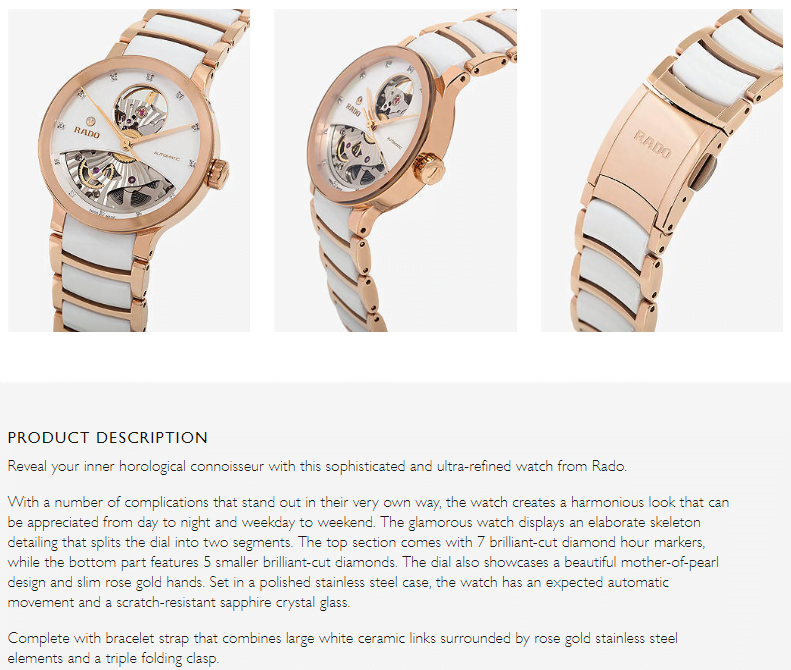 screenshot of watch product description on john lewis site