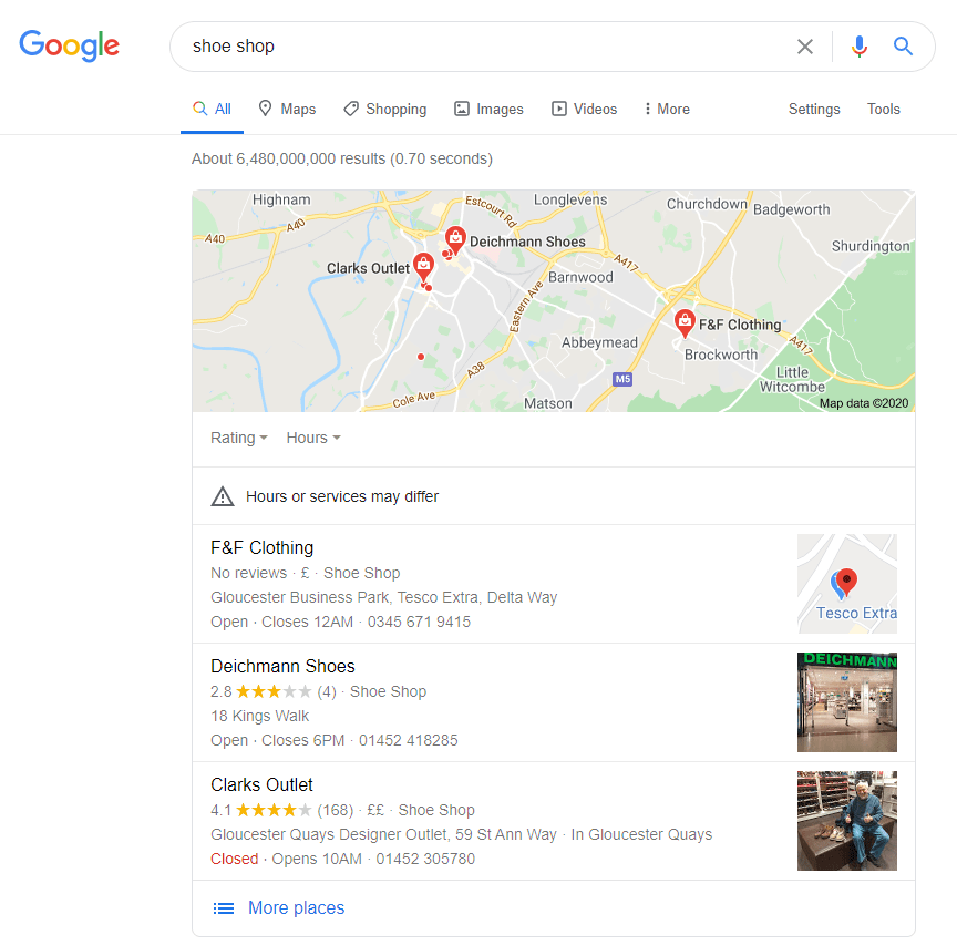 screenshot of google search for shoe shop showing local results first