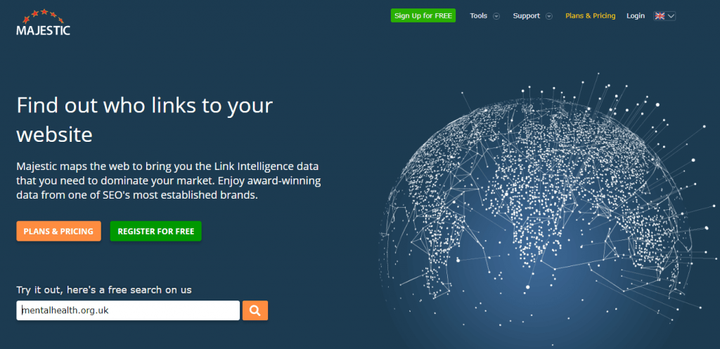 screenshot of majestic seo homepage