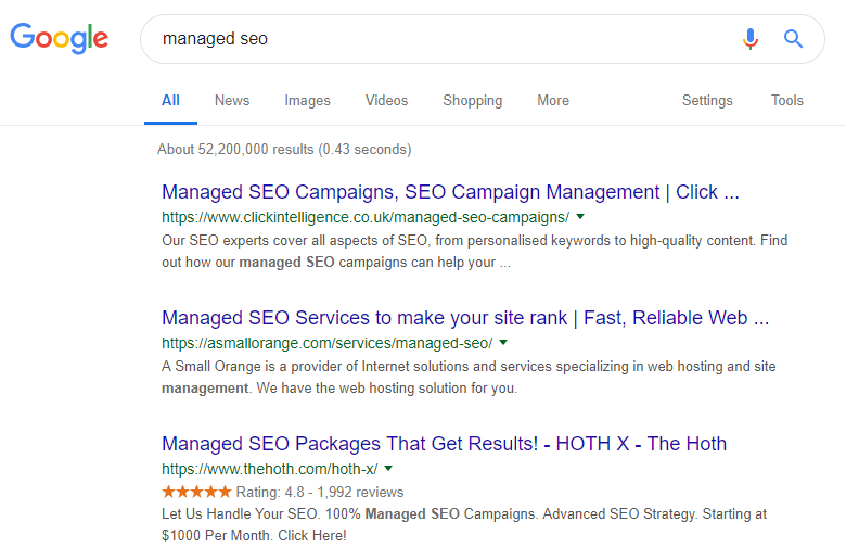 Google search results for Managed SEO