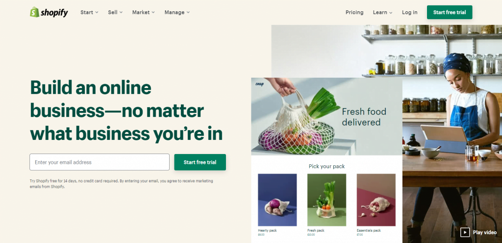 screenshot of shopify homepage