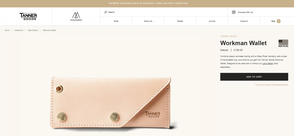 product page on shopify website tanner goods