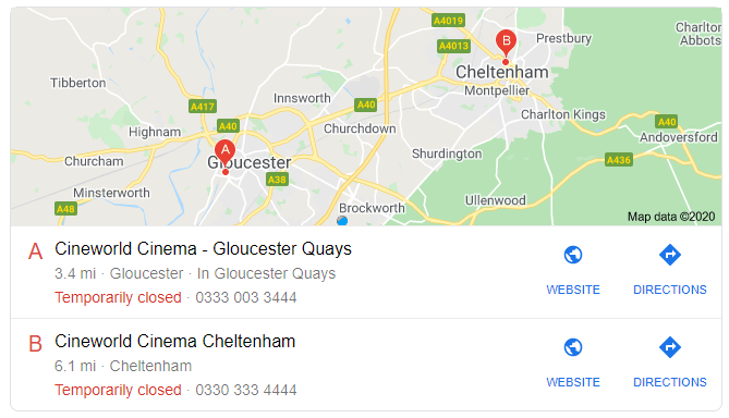 screenshot of cineworld temporarily closed
