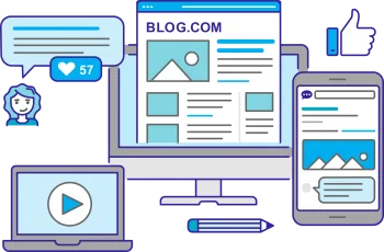 A desktop computer and a laptop, accompanied by a pen and pencil, with a blue graphic representing content marketing.