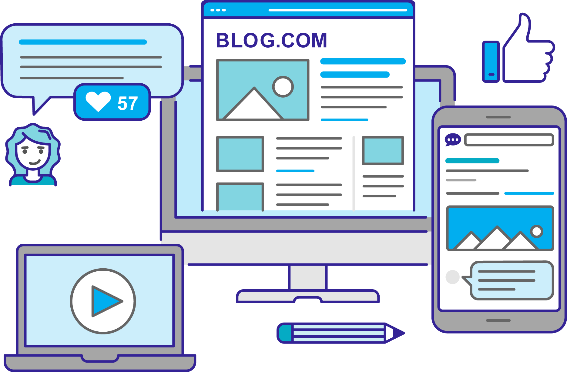 A desktop computer and a laptop, accompanied by a pen and pencil, with a blue graphic representing content marketing.