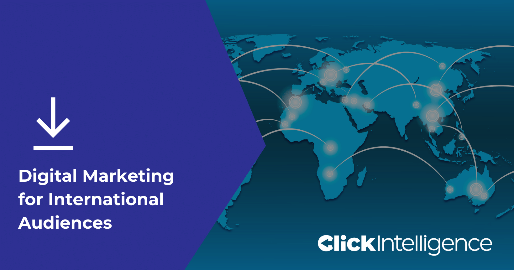 The cover of an e-book titled 'Digital Marketing for International Audiences' with a blue global map and interconnected lines.