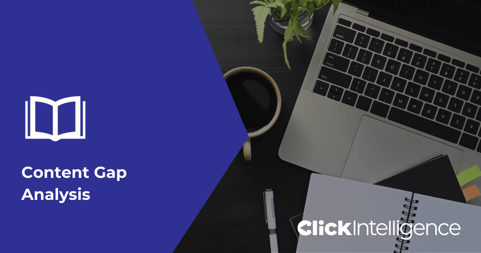 An icon of an open book and a workspace setting with a close-up view of a laptop keyboard.