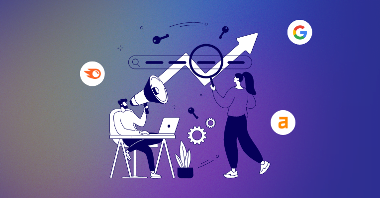 A person sitting with a laptop holding a megaphone and another person holding a magnifying glass to a search bar with keys and icons scattered.