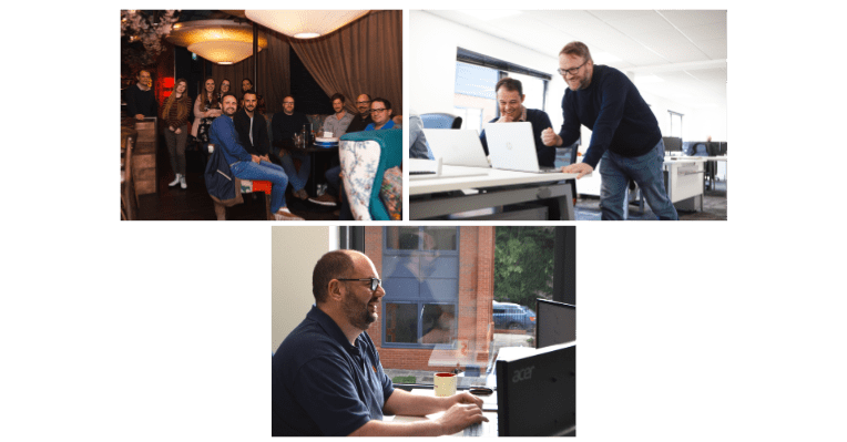 Three images showing the team at a social event and in the Click Intelligence office.
