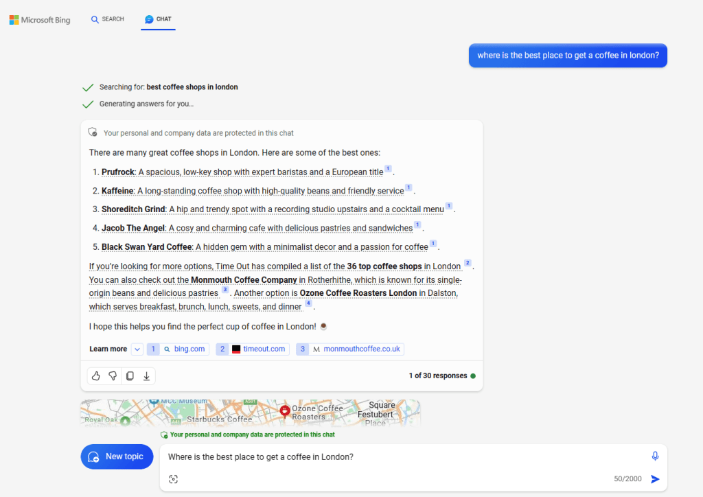 Bing AI chat featuring the response of "Where is the best place to get coffee in London"