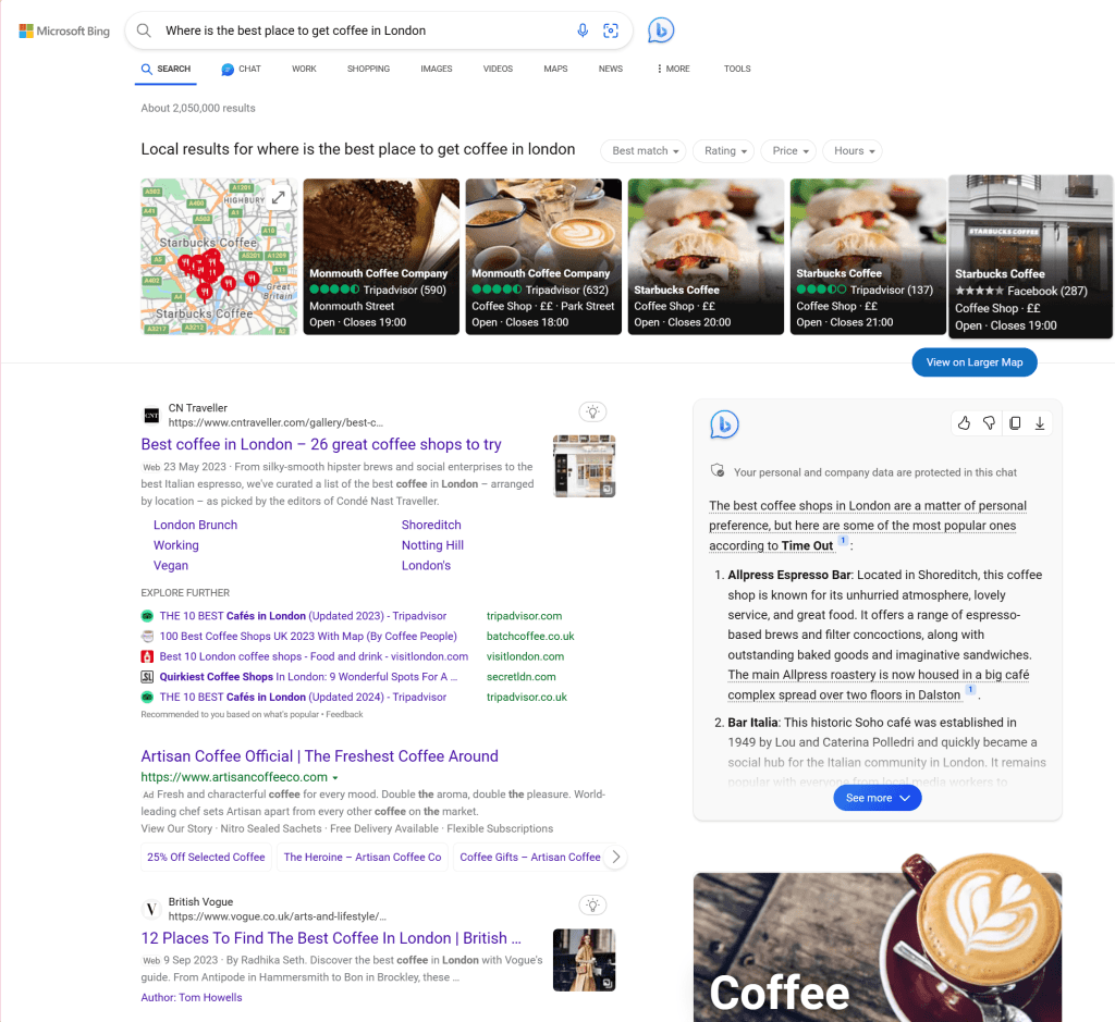 Bing search with AI chat feature "Where is the best place to get coffee in London"