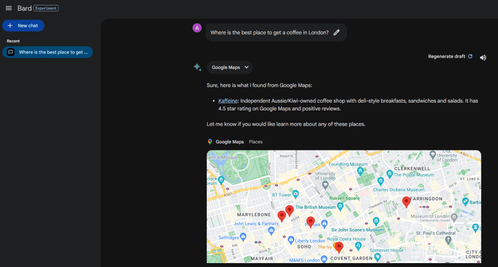 Google Bard chat featuring the response of "Where is the best place to get coffee in London"