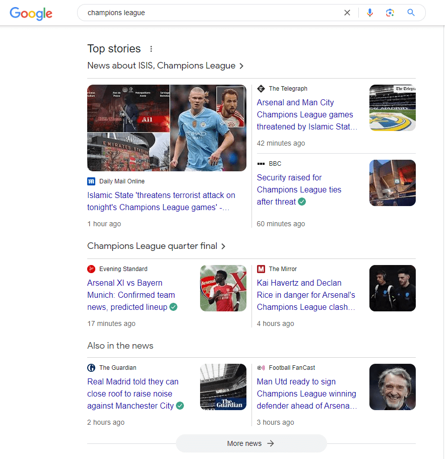 Article Schema Markup Example, Champions league top stories