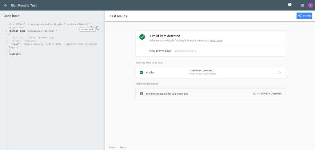 Rich Results Test, results