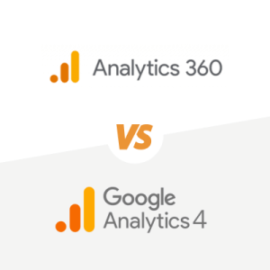 Universal Analytics vs Google Analytics 4 Graphic illustration with a split slanted background with a white and grey background..