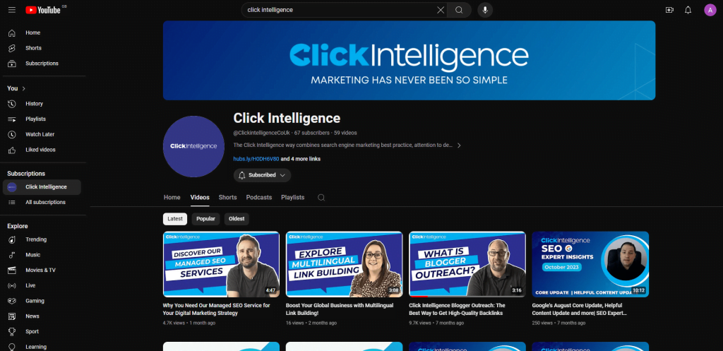 Click Intelligence YouTube Channel Screenshot