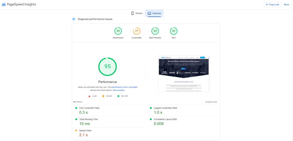 PageSpeed Insights report of Click Intelligence performance