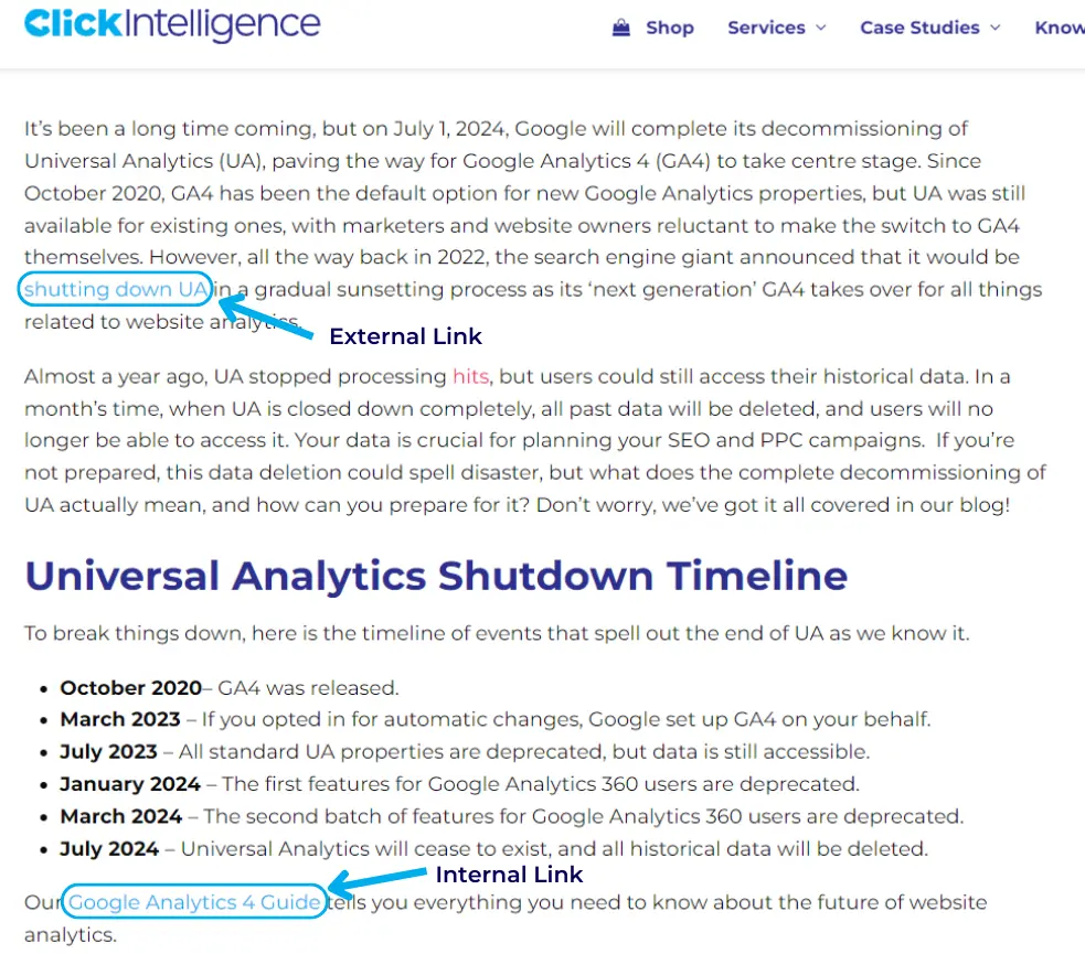 An example of Internal and external links in a Click Intelligence blog.