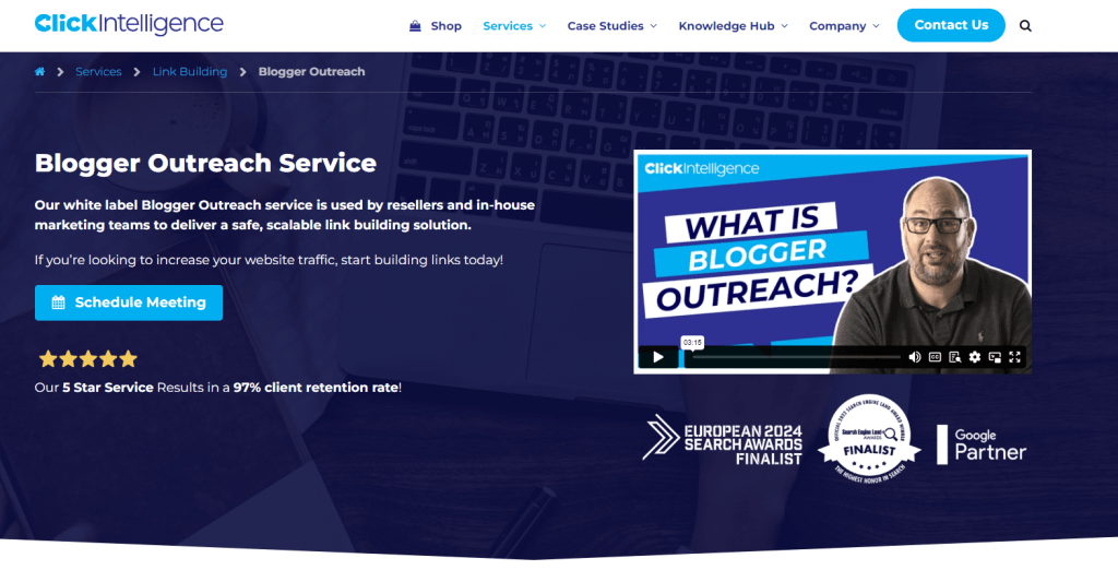 Click Intelligence Blogger Outreach service, top of service page featuring a video and product description.