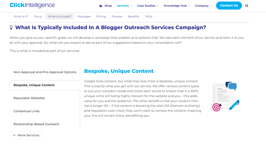 A screenshot of the Click Intelligence Blogger Outreach page, providing details about the service. 