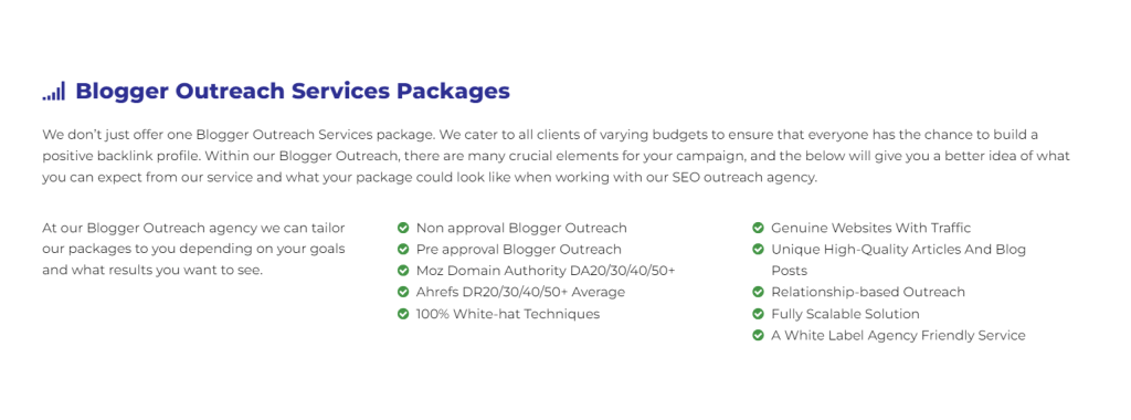 A screenshot from the Click Intelligence Blogger Outreach page, with a breakdown of the service packages.