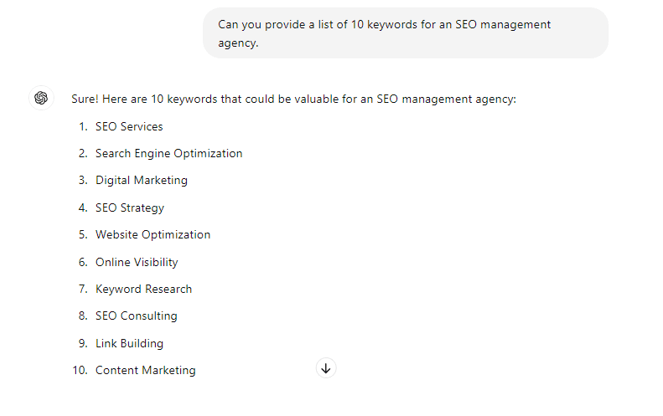 A screenshot of a ChatGPT chat, containing a brainstorming session for SEO agency keywords.