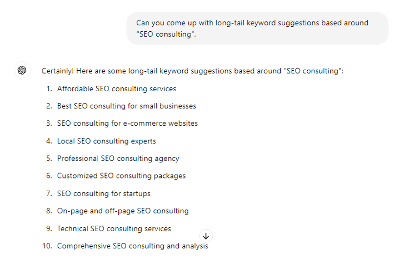 A screenshot of a ChatGPT chat, where the user has asked for long-tail keyword suggestions for 'SEO consulting'. 