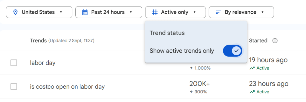 Google Trends Active Trends toggle screenshot