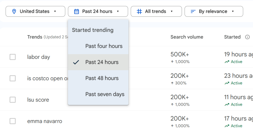 Google Trends Hours selection screenshot