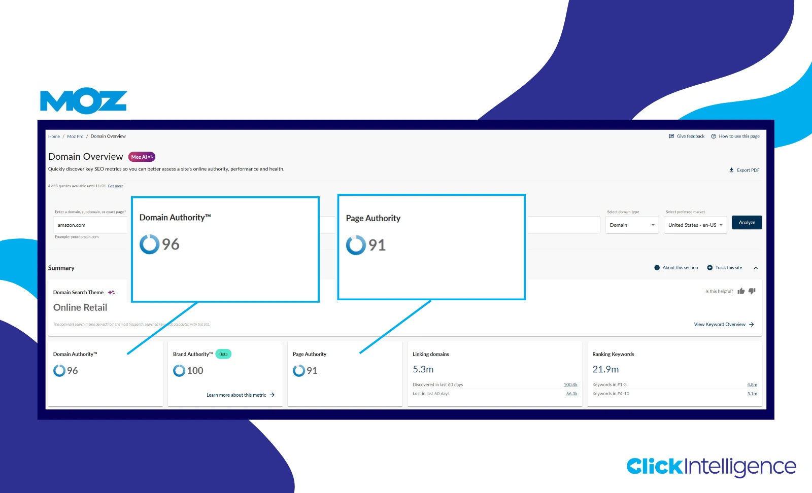 Moz domain overview of amazon.com, showing a Page Authority of 96 and Domain Authority of 91. The screenshot highlights 5.3 million linking domains and 21.9 million ranking keywords.