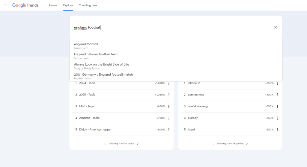 Screenshot of Google Trends search of 'england football', displaying suggested keywords.