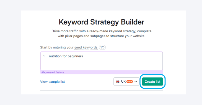 Screenshot of SEMrush's Keyword strategy builder homepage with 'nutrition for beginners' keyword added.