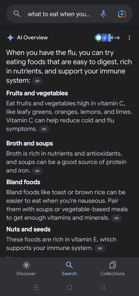 AI Overview for the search term 'What to eat when you have the flu'.