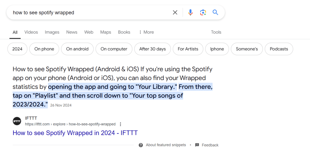 Google search featured snippet for 'How to see Spotify wrapped'.