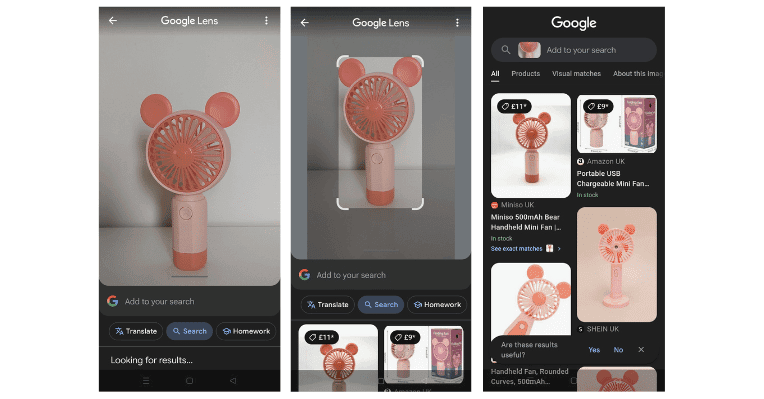 A sequence of three images showing screenshots of Google Lens in use. The images demonstrate how users visually search for and identify products using the feature.