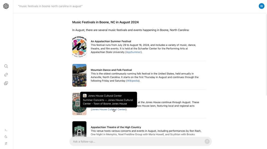 Screenshot of SearchGPT results for music festivals in Boone. 