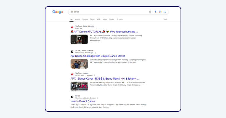 Screenshot of a search for 'APT dance,' a viral dance trend inspired by the song 'APT' by Rose and Bruno Mars, highlighting YouTube and TikTok as the top search results.