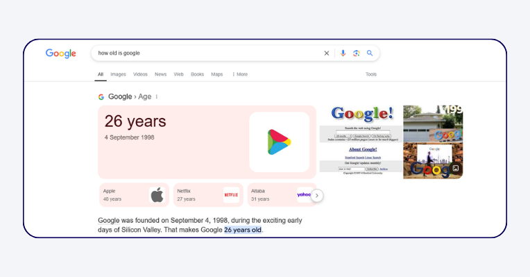 Screenshot of a Google search query 'How old is Google,' showcasing a zero-click search result with an instant answer displayed at the top.