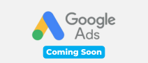 Google Ads logo with coming soon text highlighted in blue and white.