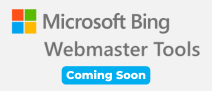 Microsoft Bing Webmaster tools logo with coming soon text highlighted in blue and white.